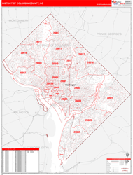 District of ColumbiaCounty, DC Wall Map Zip Code Red Line Style 2024